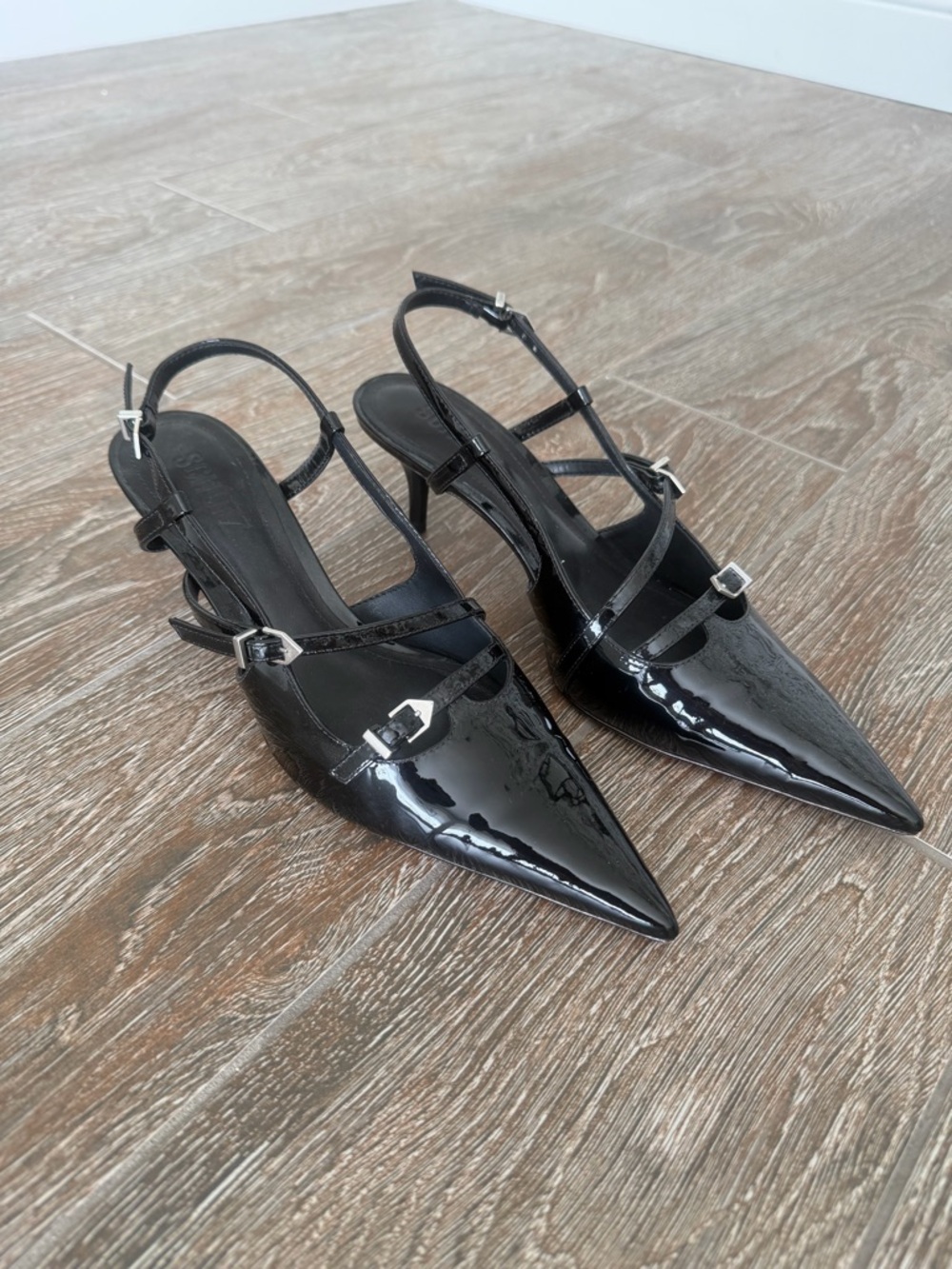 Shutz Black Patent Pointed Toe Slingback Pumps